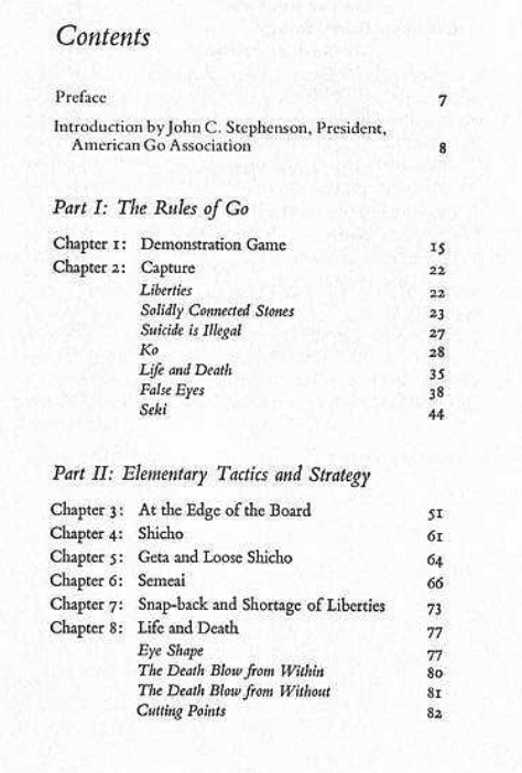 Contents page from 'Go for Beginners' covering the rules of Go and elementary tactics and strategy.