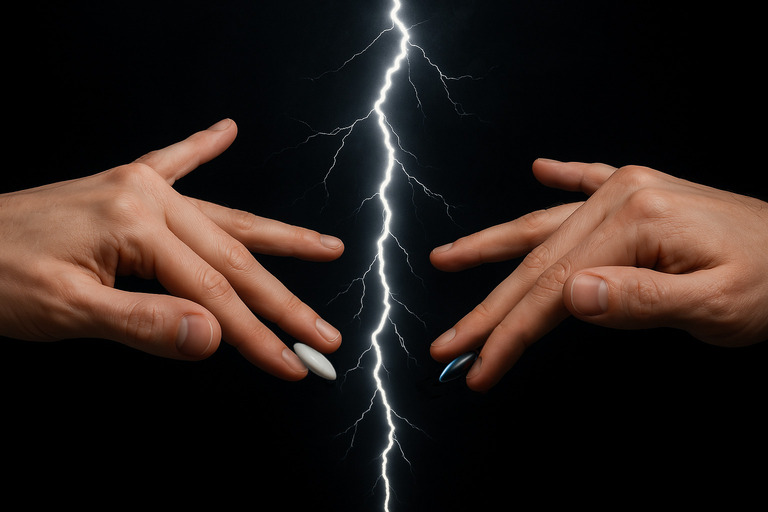 Symbolic image of two hands holding Go stones with lightning between them, representing the intensity of historic rivalries.