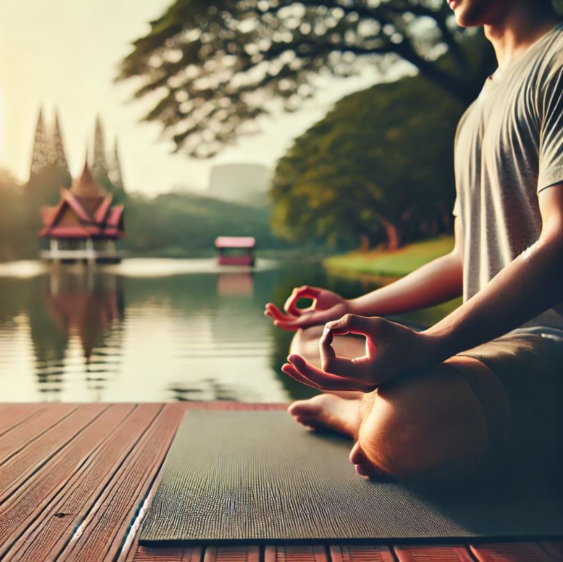 A person meditating on a yoga mat by a serene lake, symbolizing mindfulness and mental clarity.
