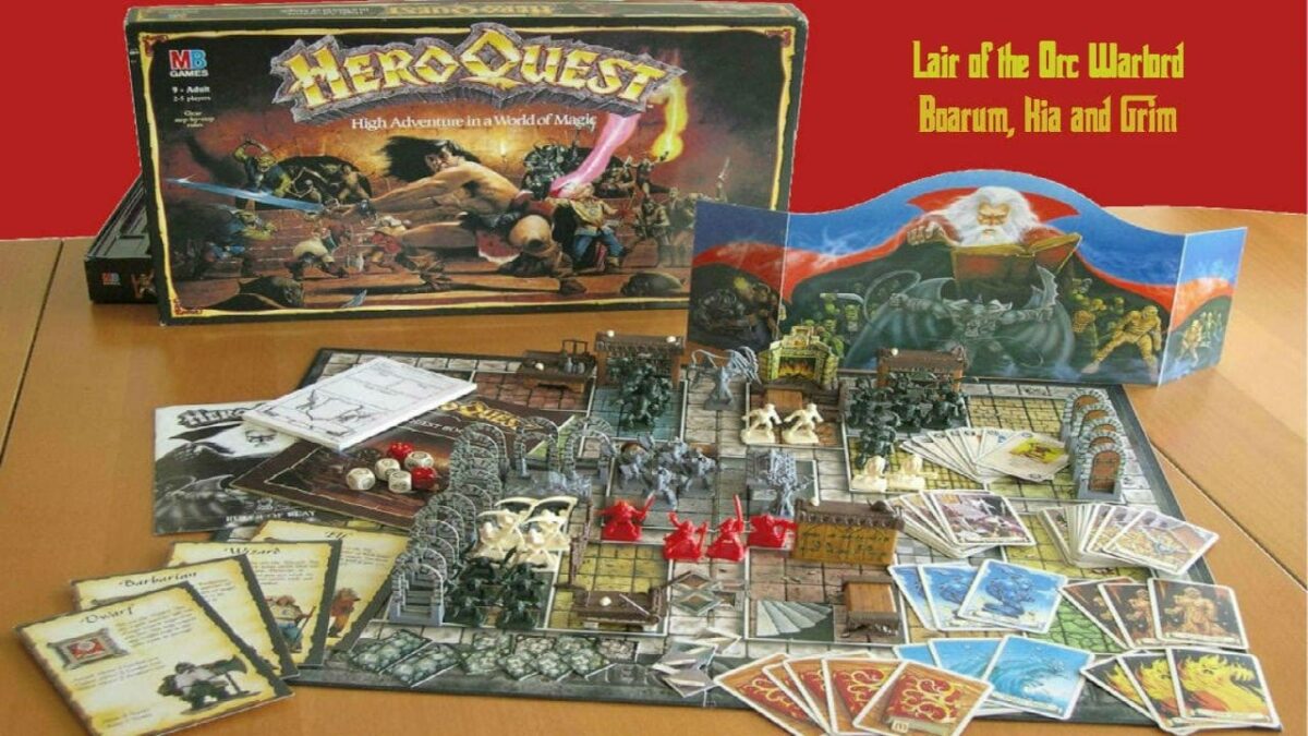 HeroQuest board game displayed with miniatures, dice, cards, and the game board, ready for a fantasy adventure in a dungeon setting, with the game box showing a battle scene.