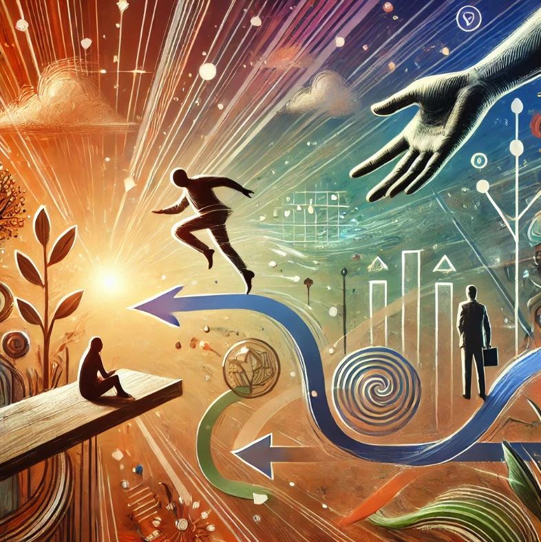 A vibrant, abstract illustration showing a person choosing between two paths, symbolizing the learning process with growth, decisions, and challenges.