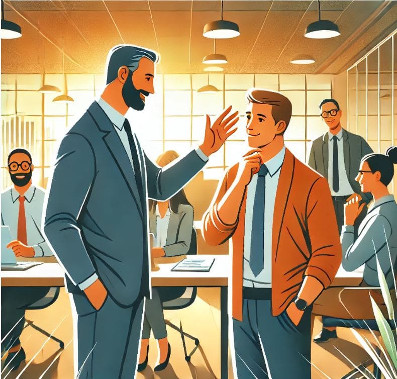 An illustration of two business professionals engaged in a friendly conversation, symbolizing empathy and effective communication in a modern office setting.