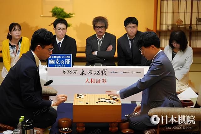 Japanese Go player Iyama Yuta playing a title match in front of a panel of spectators and officials