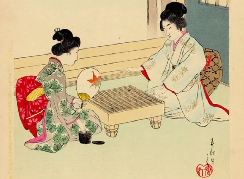 An illustration of two women in kimonos playing a traditional Go game in a historical Japanese setting.