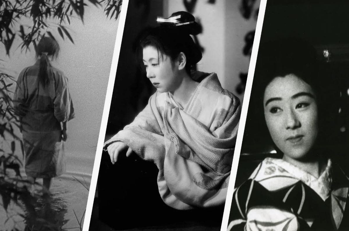 A collage of three classic scenes from Japanese cinema, showcasing actors in traditional settings.