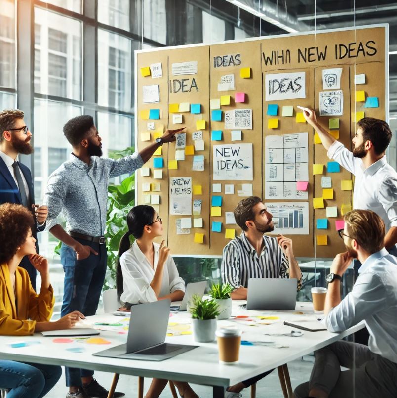 A diverse team of professionals engaging in a brainstorming session with sticky notes on a large whiteboard.