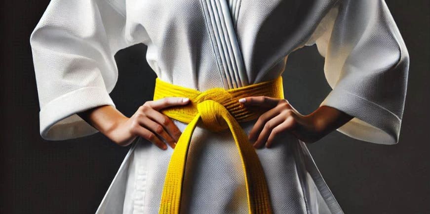 Close-up of a martial artist showcasing a tied yellow belt, representing early progress in martial arts training.