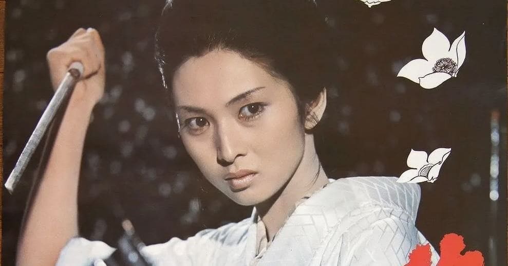 A striking image of the lead character from 'Lady Snowblood' holding a sword, set against a floral background.