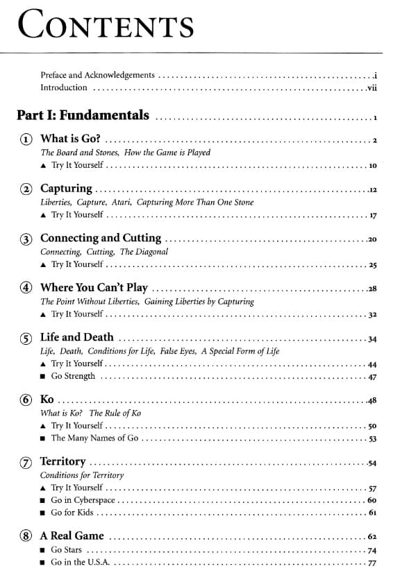 Table of contents from 'Learn to Play Go,' showcasing chapters on Go fundamentals and gameplay techniques.