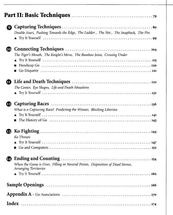 Second part of the table of contents from 'Learn to Play Go,' listing chapters on advanced techniques and Go history.