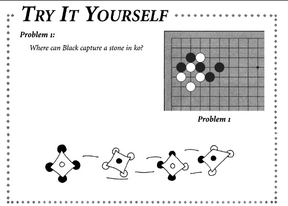 Page from 'Learn to Play Go' featuring a ko problem exercise and playful diagrams of capturing stones.