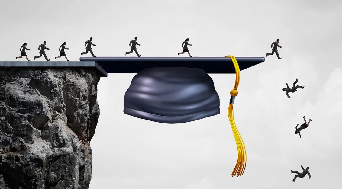 People walking off a graduation cap bridge, with some falling into a cliff, representing the risks and failures in education and career paths.