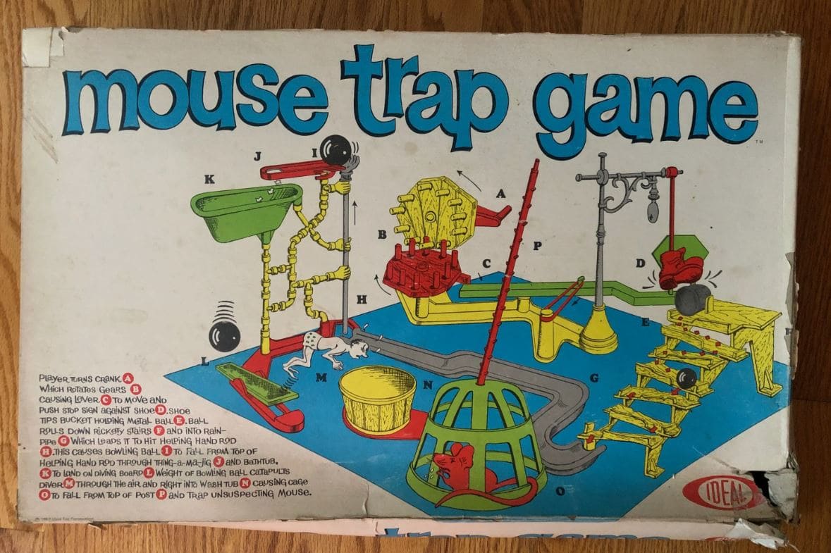 The Mouse Trap game showing its elaborate contraption setup, with colorful mechanical parts designed to capture a mouse during gameplay.