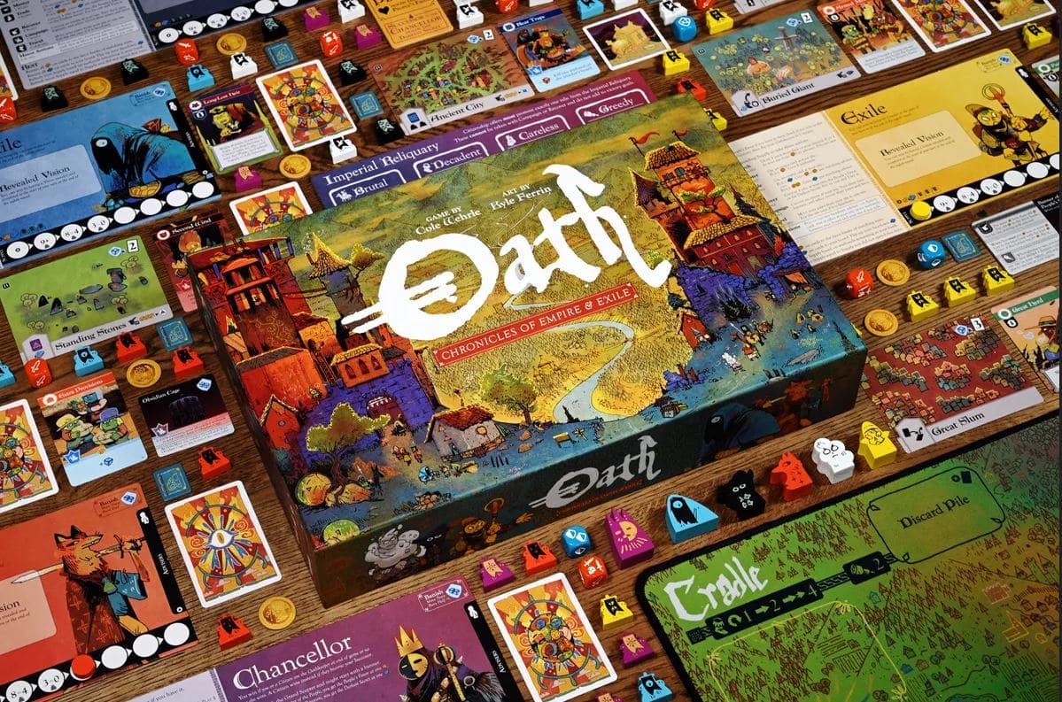 The game board and components of Oath: Chronicles of Empire and Exile, filled with colorful cards, tokens, and strategic elements.