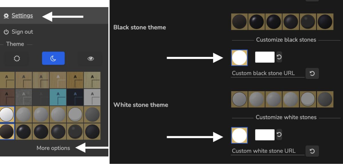 Go board with one-color stones enabled, making both black and white stones appear visually identical. The settings menu for black and white stone customization is shown, with options for selecting stone themes and inputting custom URLs.