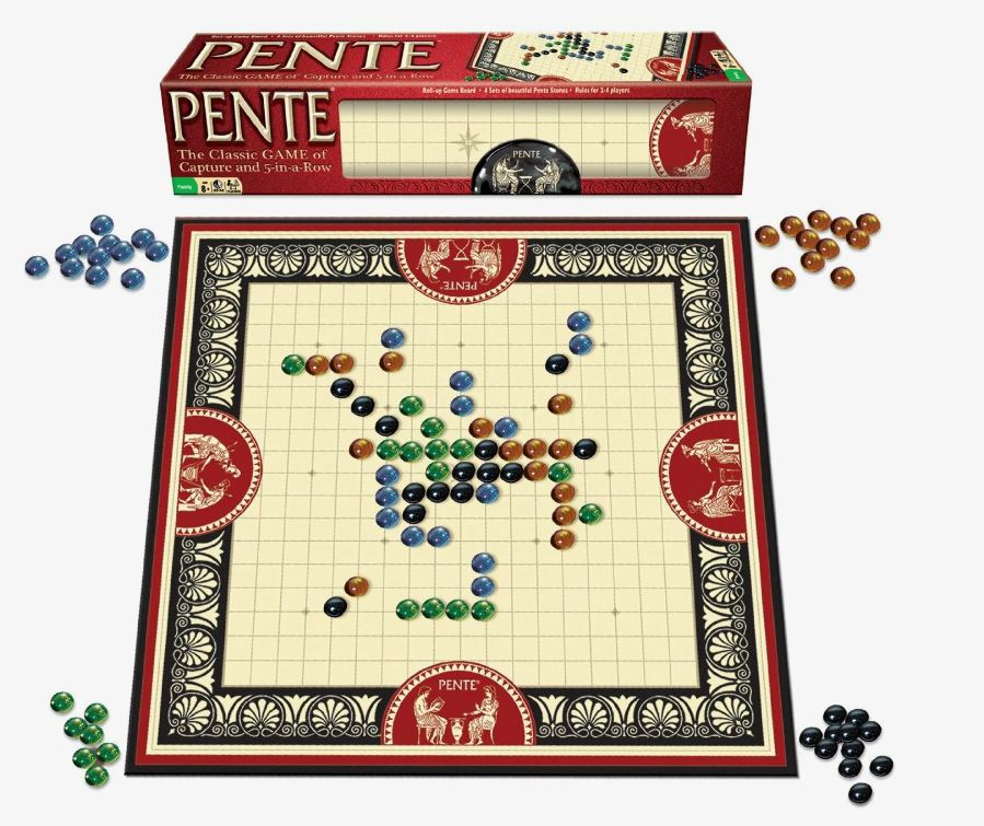 A Pente board with multi-colored stones and the game box.