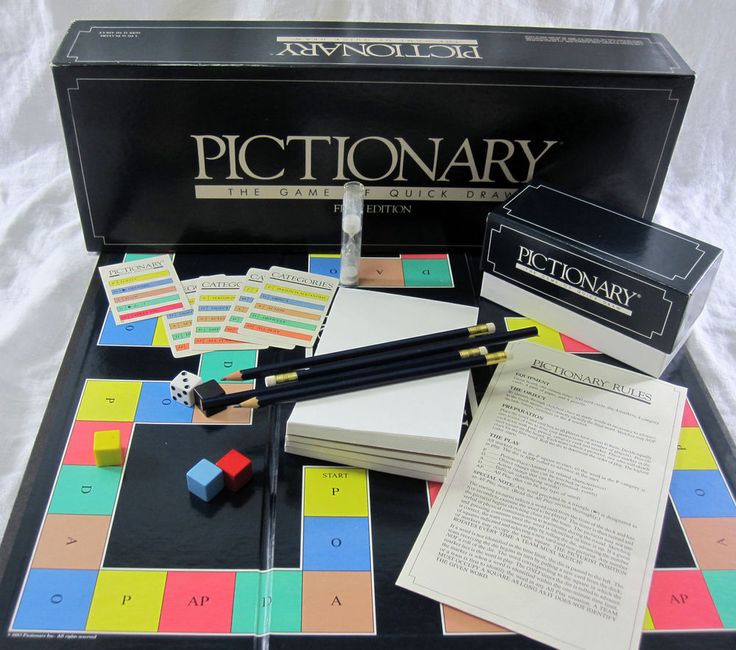 Pictionary board game displayed with category cards, pencils, dice, and the game board, ready for players to draw and guess quick sketches.