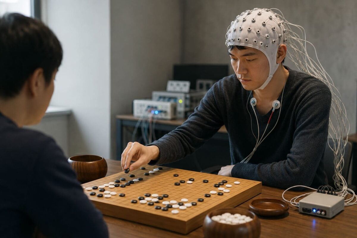 Go player wearing an EEG cap and physiological sensors during a match