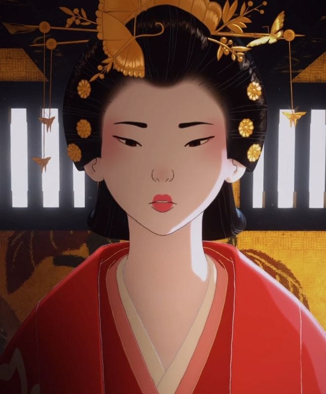 A geisha dressed in a red kimono with ornate hair ornaments, standing against a traditional Japanese background.