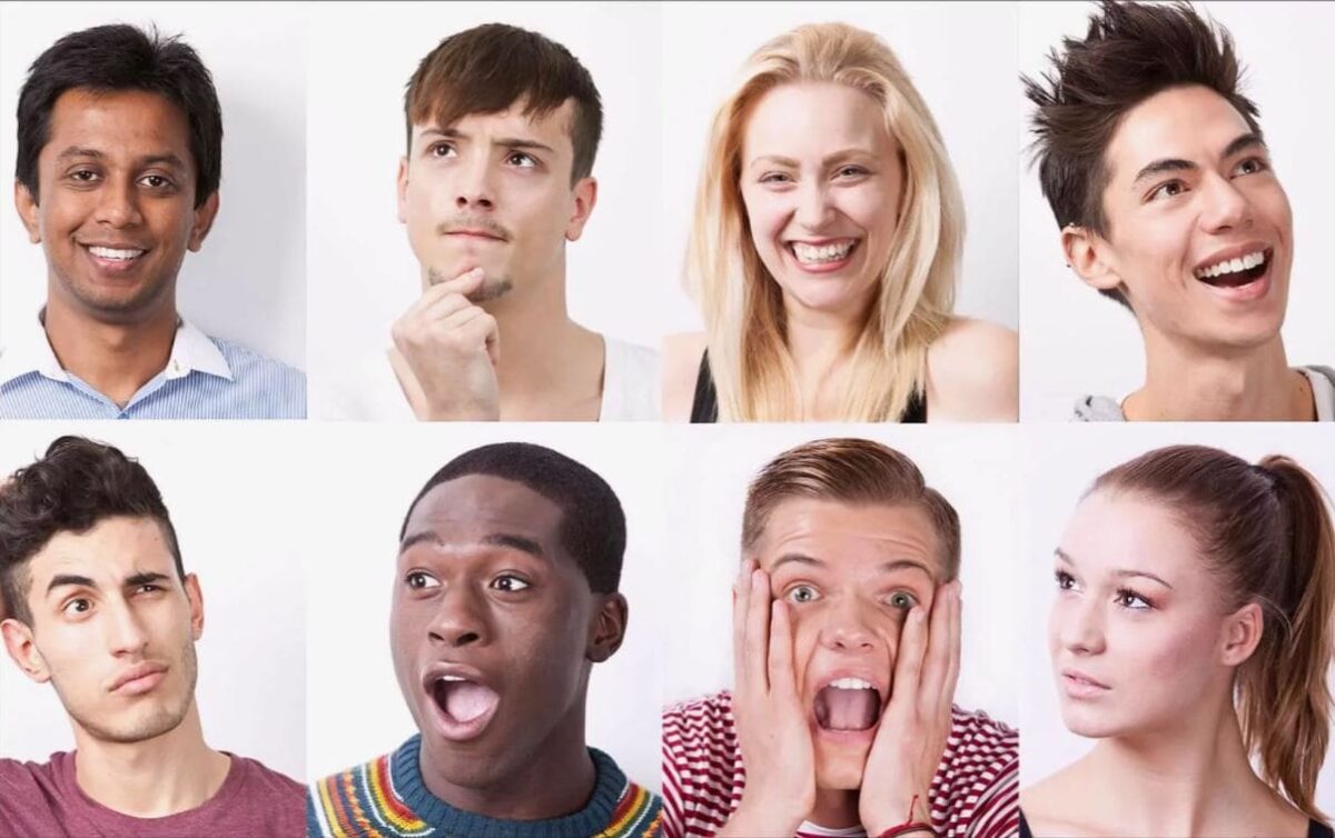 A collage of faces showing different emotional expressions, illustrating the diversity of emotions and emotional intelligence.