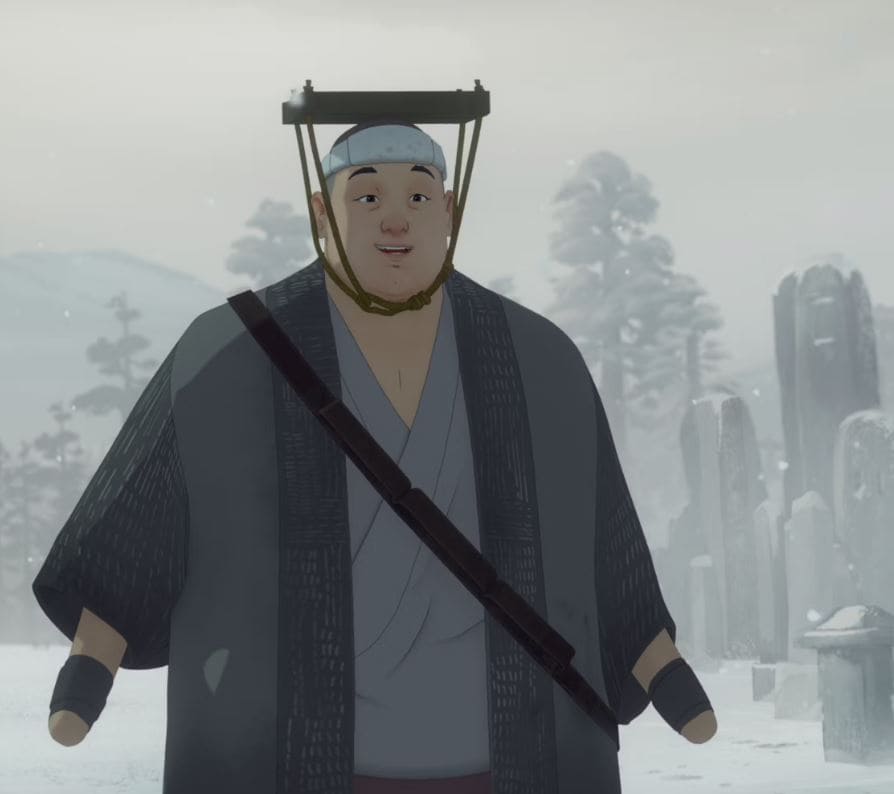 A smiling monk with a unique headgear and winter robe, standing amidst a snowy landscape.