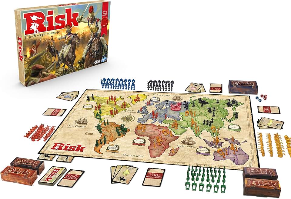 The 1980s edition of the classic strategy game "Risk," featuring a world map and colored army pieces positioned on the game board, ready for global conquest.