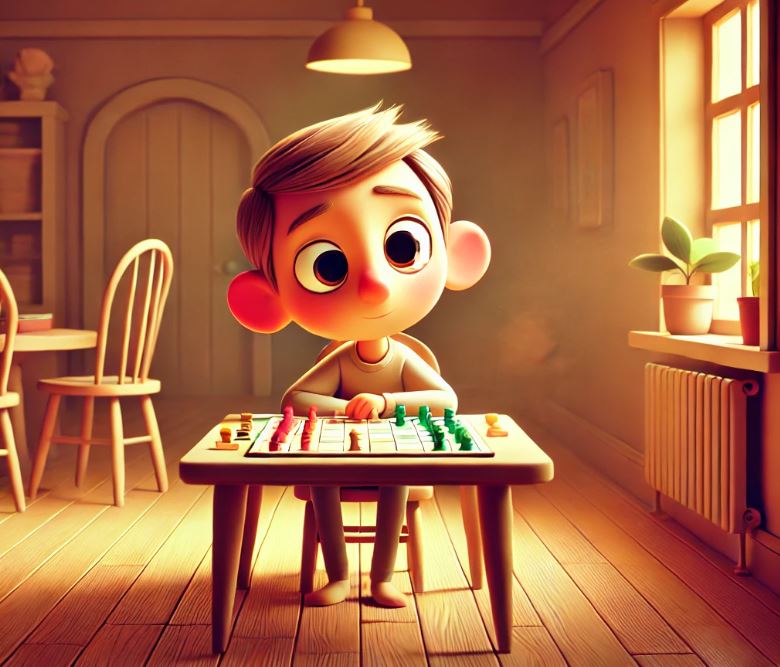 A cute animated character of a young child sitting at a table, thoughtfully playing a colorful board game in a cozy, softly lit room with warm sunlight streaming through a window.