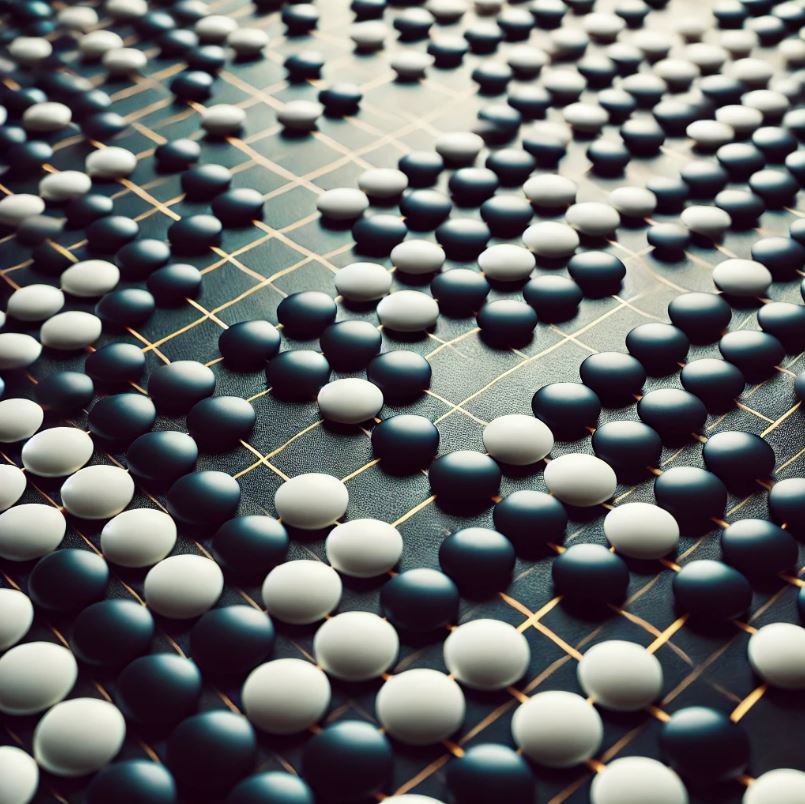 A close-up of a Go board with black and white stones, illustrating the complexity and strategic depth of the game.