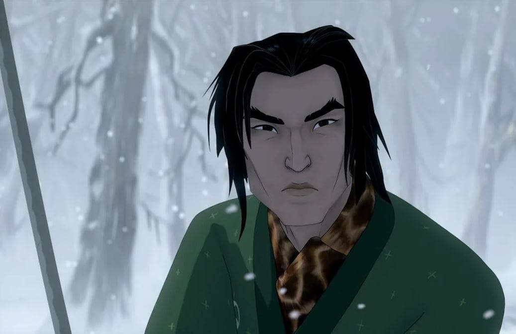 A man with long hair and a serious expression, dressed in a green kimono, standing in a snow-covered forest.