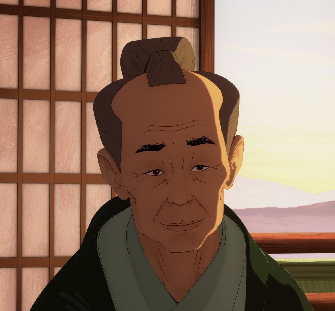 An elderly man with a calm expression, sitting in a traditional Japanese room with sliding doors and a warm sunset glow.