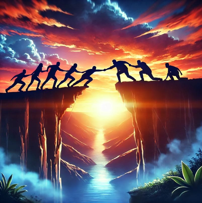 People helping each other to cross a gap between two cliffs, with a beautiful sunset in the background, symbolizing teamwork, support, and overcoming challenges.