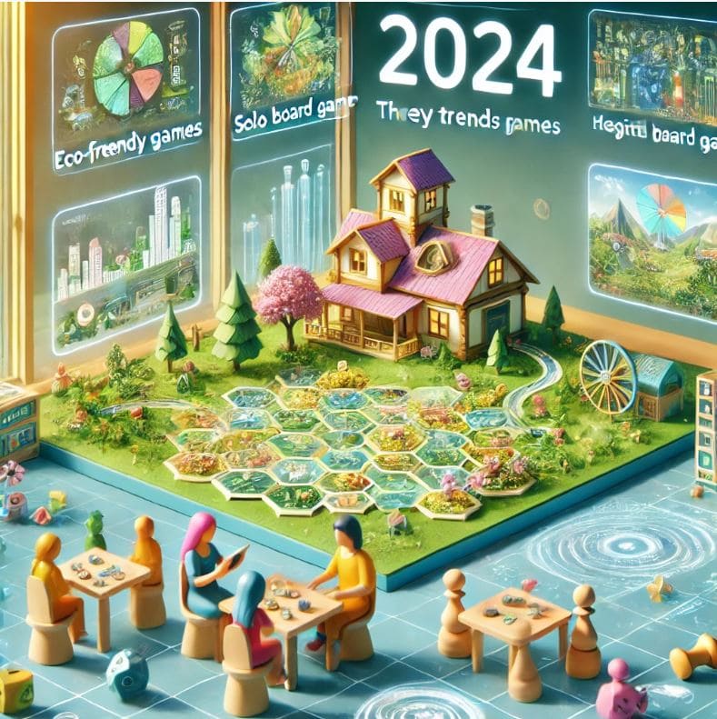 Futuristic dollhouse-style illustration showing key board game trends for 2024, including eco-friendly games and solo gameplay, with a lively group of players around a hexagonal game board.