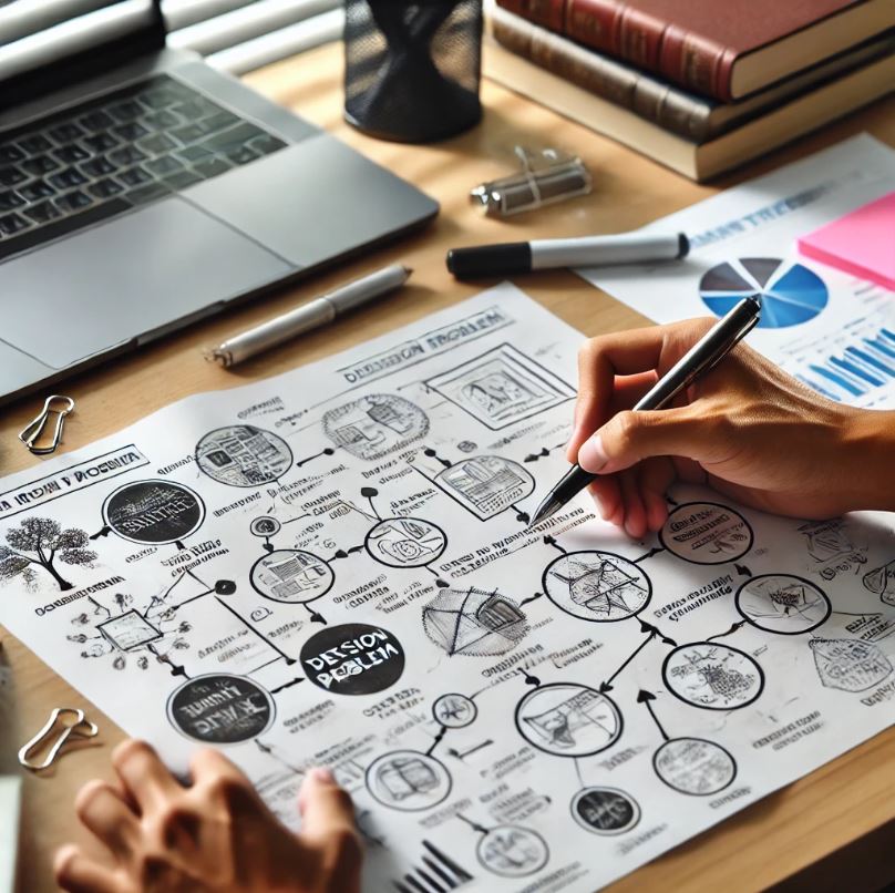 A close-up image of a person breaking down a complex problem into smaller, manageable parts using a decision tree on a large paper.