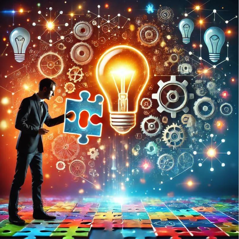 A person unlocking a glowing, intricate puzzle with creativity symbols like lightbulbs, gears, and brain icons floating around. The background is a gradient of vibrant colors representing creativity and innovation.
